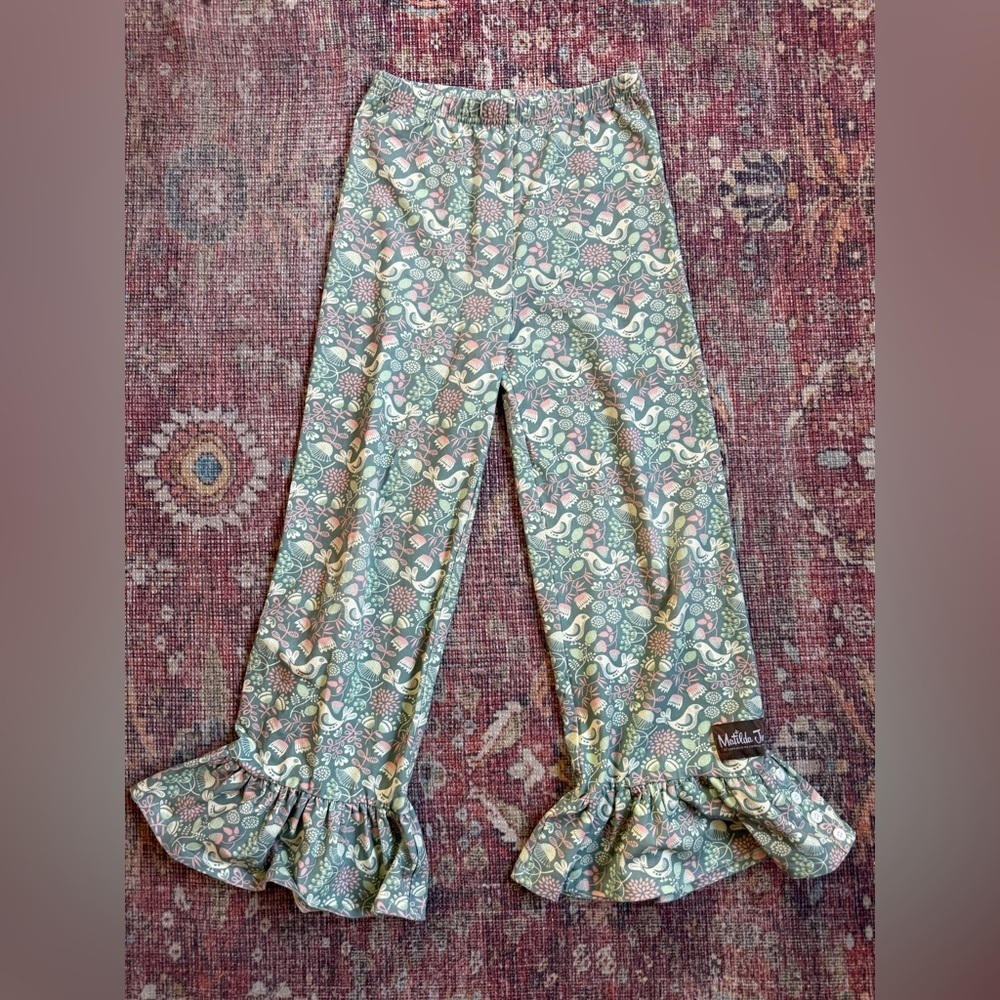Matilda Jane Girls 12 Big Ruffled Hem Floral & Bird pattern Pants Mint & Pastel